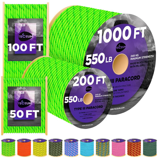 TECEUM Paracord Type III 550 Reflective Neon Green – 100 ft – Tactical Rope MIL-SPEC – Outdoor para Cord –Camping Hiking Fishing Gear and Equipment – EDC Parachute Cord – Strong Survival Rope 462rf