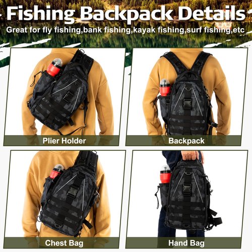 RoundFunny 85 Pcs Fishing Backpack with Tackle Boxes, Tackle Sling Bag with Rod Holder, Fishing Lures Kit and Pliers Set for Men Women(Incognito Camouflage)