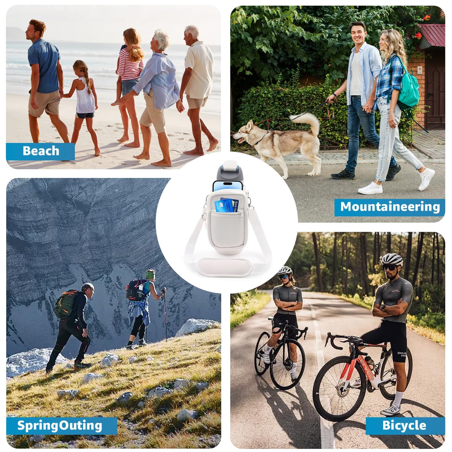 for Owala FreeSip Insulated Stainless Steel Water Bottle Cup Holder Cover Carrier Sling Bag with Strap, Pouch Pocket for Phone/Accessories, add Handle for Owala 24oz (White-24oz)