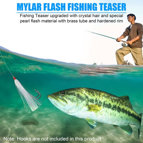 OROOTL Fishing Teasers, 18pcs Mylar Flash Bucktail Teaser Trolling Skirt Lure Tail for Saltwater Fishing Flounder Rigs Cod Sea Bass Wahoo, White