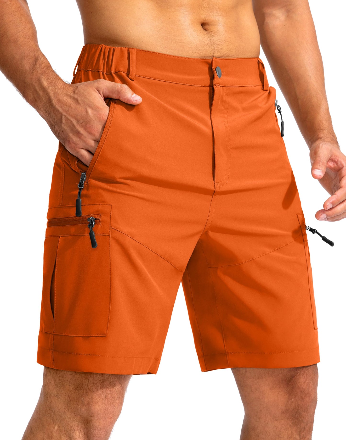 Pudolla Men's Hiking Cargo Shorts 9" Lightweight Outdoor Work Shorts for Men Travel Golf Camping Casual with 5 Zipper Pockets(Orange X-Large)
