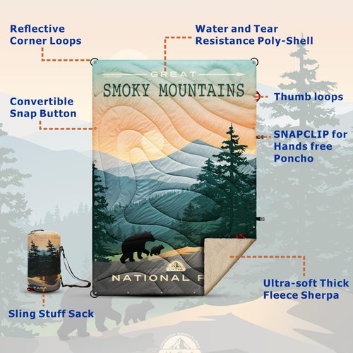 AZITREK Sherpa Puffy Outdoor Camping Blanket for Traveling, Picnics, Beach, Concert, Car, Stadium, Sporting Events - Wearable Warm Waterproof - 55 X 78 (Great Smoky Mountains NP)
