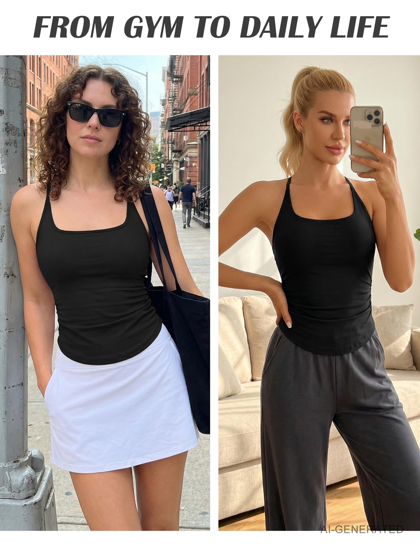 BMJL Womens Workout Tank Tops Built in Bra Ruched Gym Tops Racerback Athletic Yoga Shirts(S,Black)