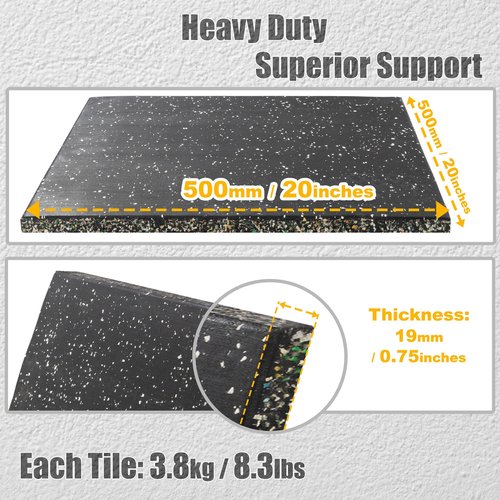CyclingDeal 5/8" Thick High-Density Gym Floor Mats Tiles - 6 Pack 19.7”x19.7” Rubber Exercise Workout Equipment Ground Shock Absorbing Mat for Home Gym Garage - with Interlock in Black w/White Dots