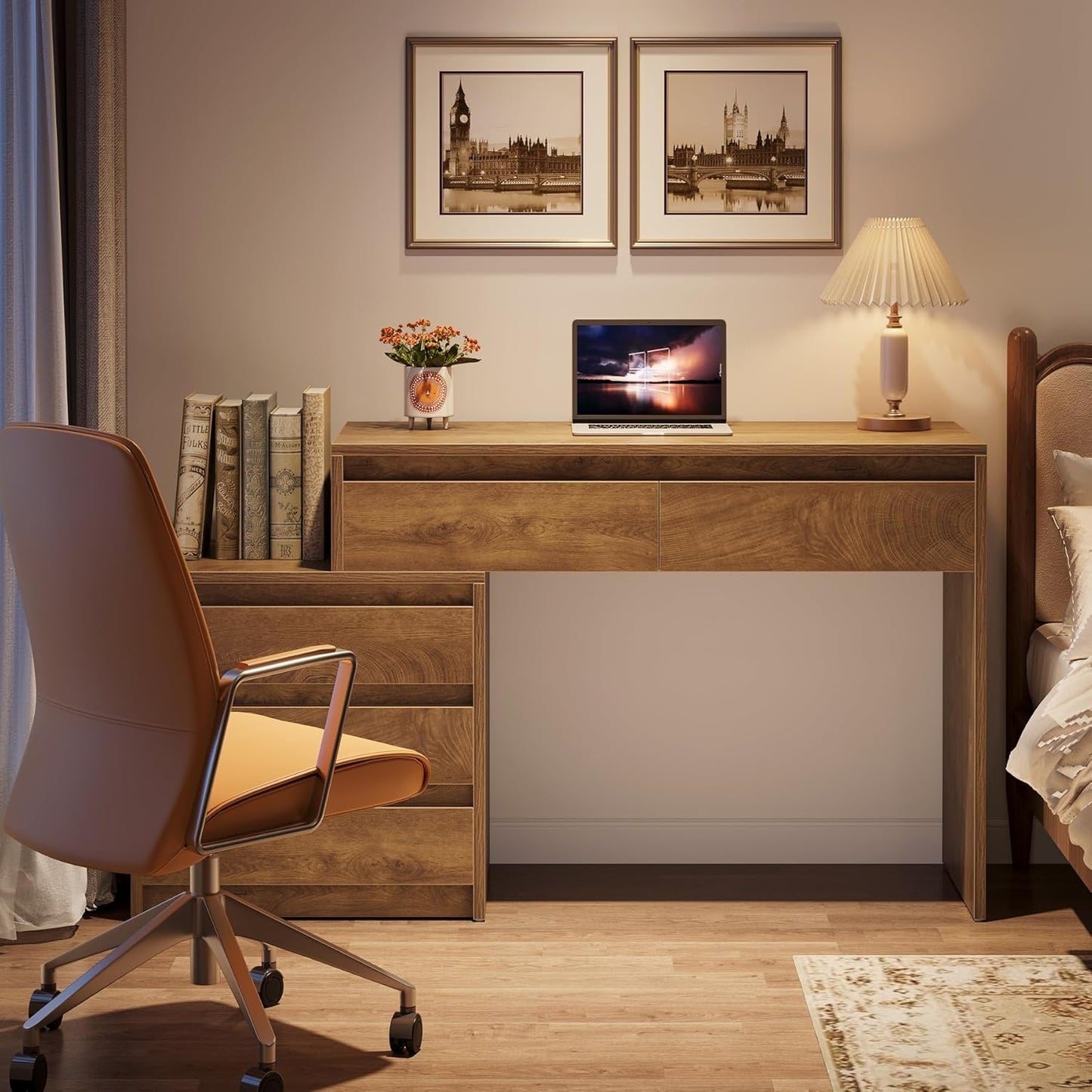 Tribesigns Computer Desk with 5 Drawers, Executive Home Office Desk with File Cabinet and Printer Stand, Industrial Rustic Wood Desk for Small Spaces, Study Writing Workstation, PC Table with Storage