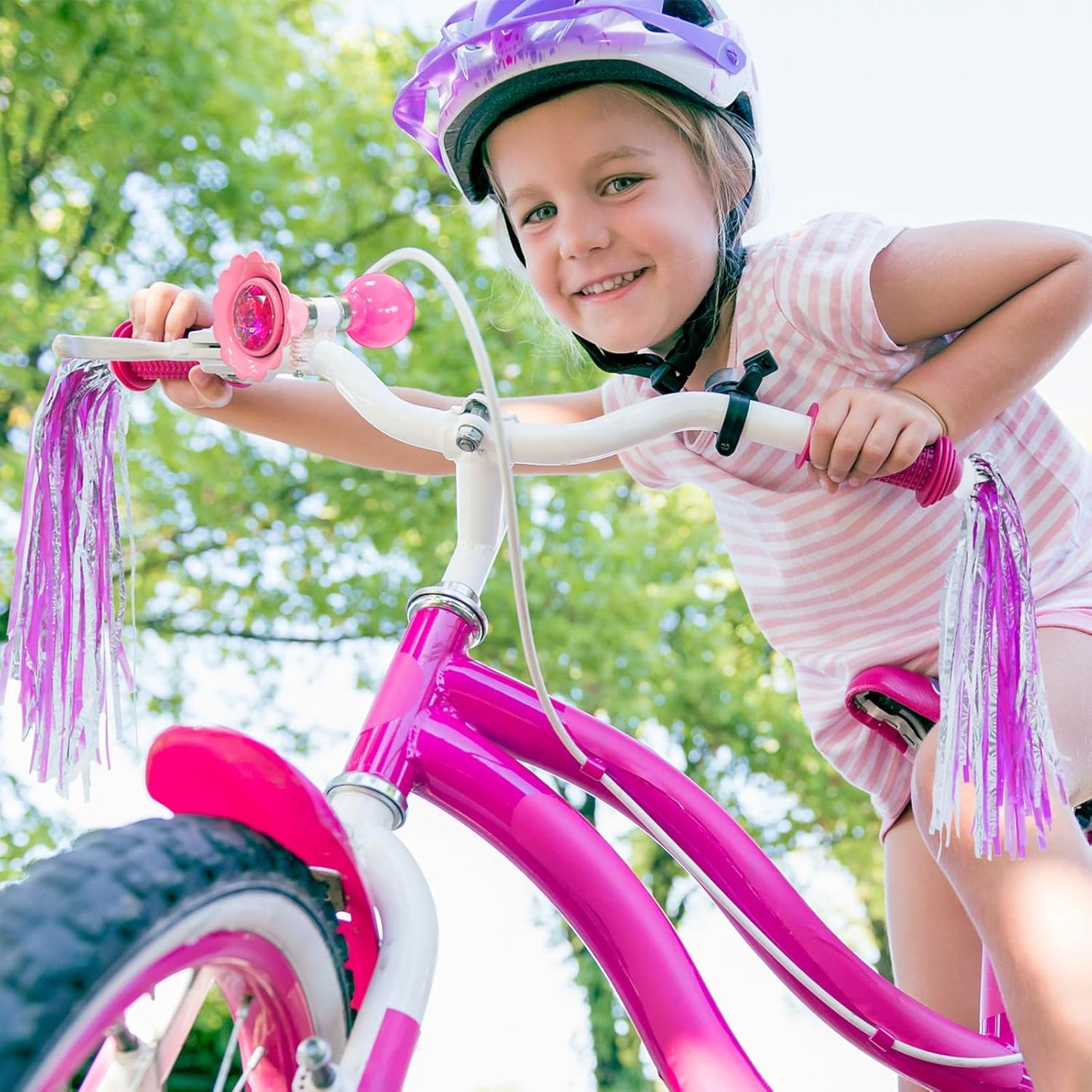 U-LIAN Kids Streamers and Bike Bell for Girls-1 Pack Flower Bicycle Bell with 2 Pack Handlebar Streamers Scooter Tassels for Children's Bike Accessories