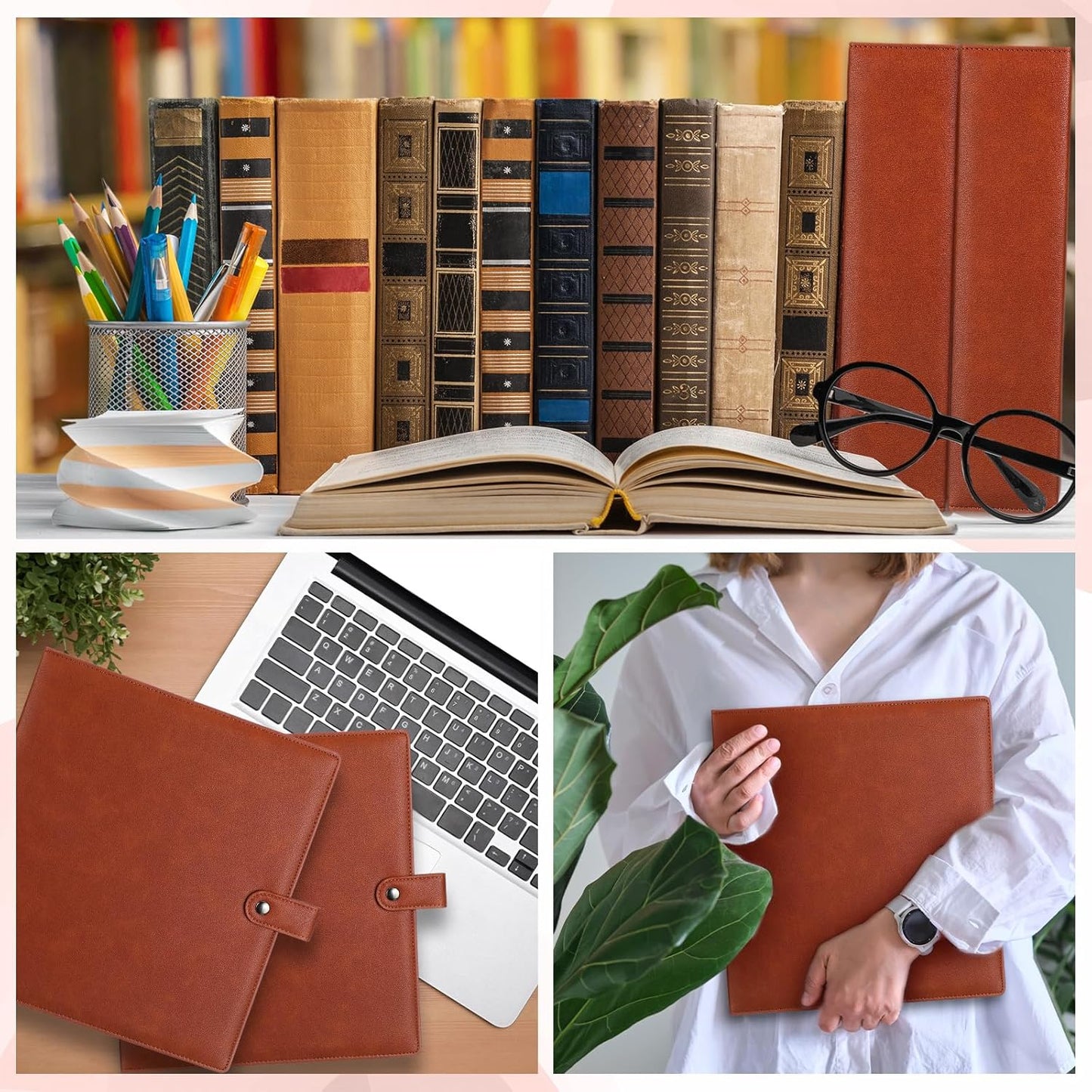 ReliThick 2 Pcs Leather 3 Ring Binder 2 Round Rings for 8.5 x11 Paper and Sheet Protectors Brown Binder Organizer Interior Pockets Snap Closure Letter Size