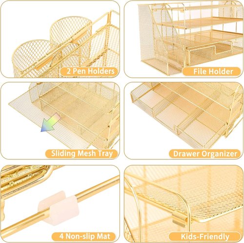 Desk Organizer and Accessories, 4-Tier Desktop File Organizer with Drawer and 2 Pen Holders, Office Desk Accessories for Office Supplies(Black)