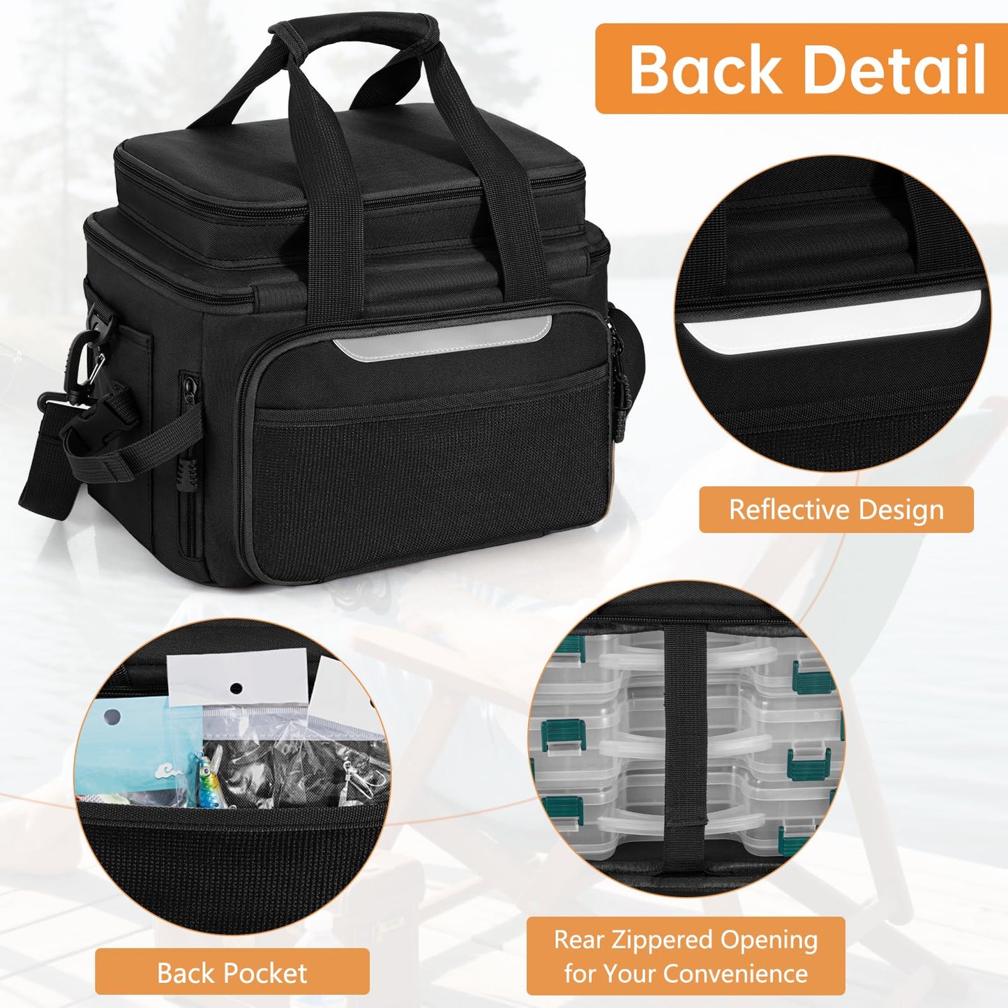 FREEAMG Fishing Tackle Bags - Saltwater & Freshwater Fishing Bag - Padded Shoulder Strap Fishing Bags - Gear Storage for Tackle Box (Black) (Does not come with box)