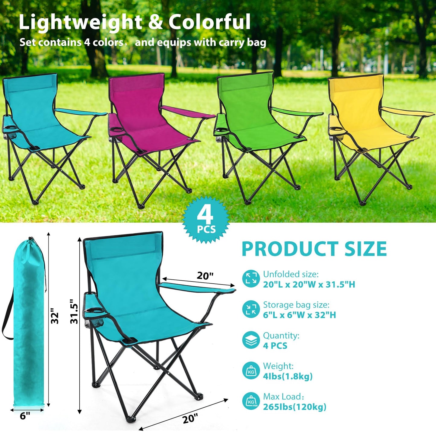 Anglechic 4 Pcs Folding Camping Chairs with Cupholder and Carry Bag Regular Size Portable Lightweight Lawn Chair with Mesh Side Pocket for Fishing Hiking Picnic Party Beach Outdoor Activity (Stylish)