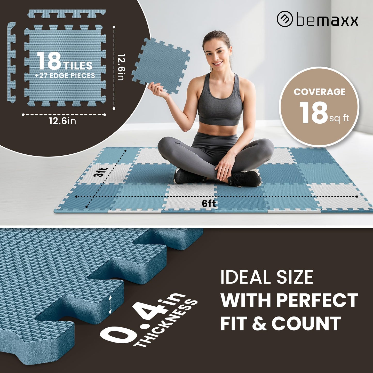 bemaxx Gym Mats Set - 18 pcs EVA Interlocking Foam Floor Tiles (12.6"x12.6"x0.4") 18sqft Protective Gym Flooring Sports Home Workout Exercise Mats Puzzle Garage Fitness Play-Room Pool Treadmill Bike