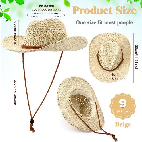 Newcotte 9 Pack Straw Cowboy Hats for Women Western Cowgirl Beach Sun Hat Bulk with Windproof Rope for Party Travel(Beige)