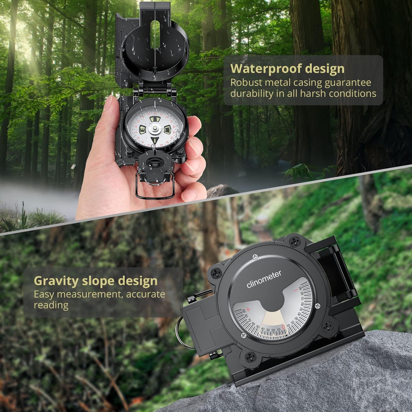 Anbte Hiking Compass with Clinometer, Strong Magnetic Intensity 3000 Gauss Professional Military Lensatic Compass Waterproof Hand Held Portable for Navigation Survival Backpacking Camping