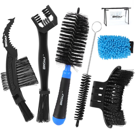 BWSHLF Bike Cleaning Kit (6 Pcs) with 1 Storage Bag, 5 Brushes for Tires, Chain, Sprockets, Cranks, Hubs, and Spokes, 1 Cleaning Mitt for Frame, Saddle, Clean Tools for MTB/Road/BMX/E-Bike/Gravel Bike
