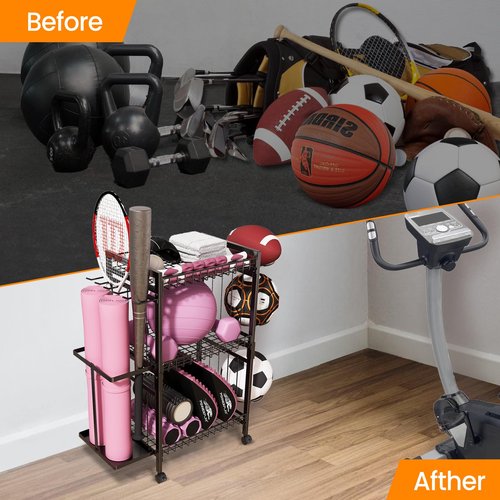 Yoga Mat Storage Rack, Home Gym Storage Rack for Dumbbells Kettlebells Foam Roller and Yoga Strap, Workout Equipment Storage Organizer With Hooks ＆ Wheels, Gym Equipment Storage for Home Exercise
