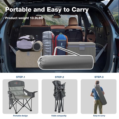RELAX FIELD Oversized Folding Camping Chair, Heavy Duty Support 500LBS Outdoor Chair with Cup Holder Storage and Cooler Pouch, Collapsible Padded Arm Chair for Sports Garden Beach Fishing, Grey