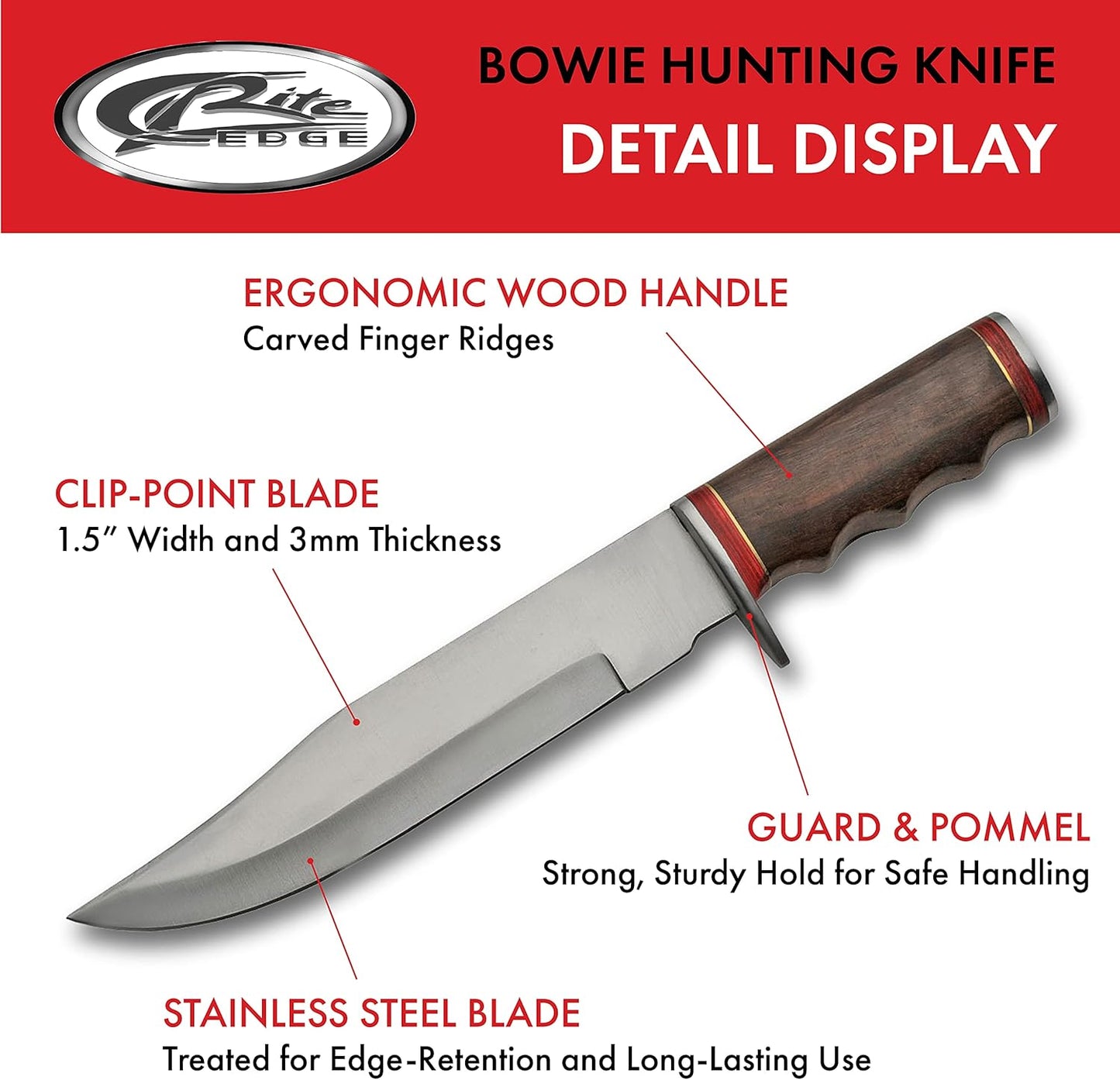 SZCO Supplies 12" Full Tang Bowie Knife with Sheath - Tactical Fixed Blade Hunting Knife for Men with Stainless Steel Blade, Wood Handle & Leather Sheath - Hunting Knives for Men for Outdoor Camping