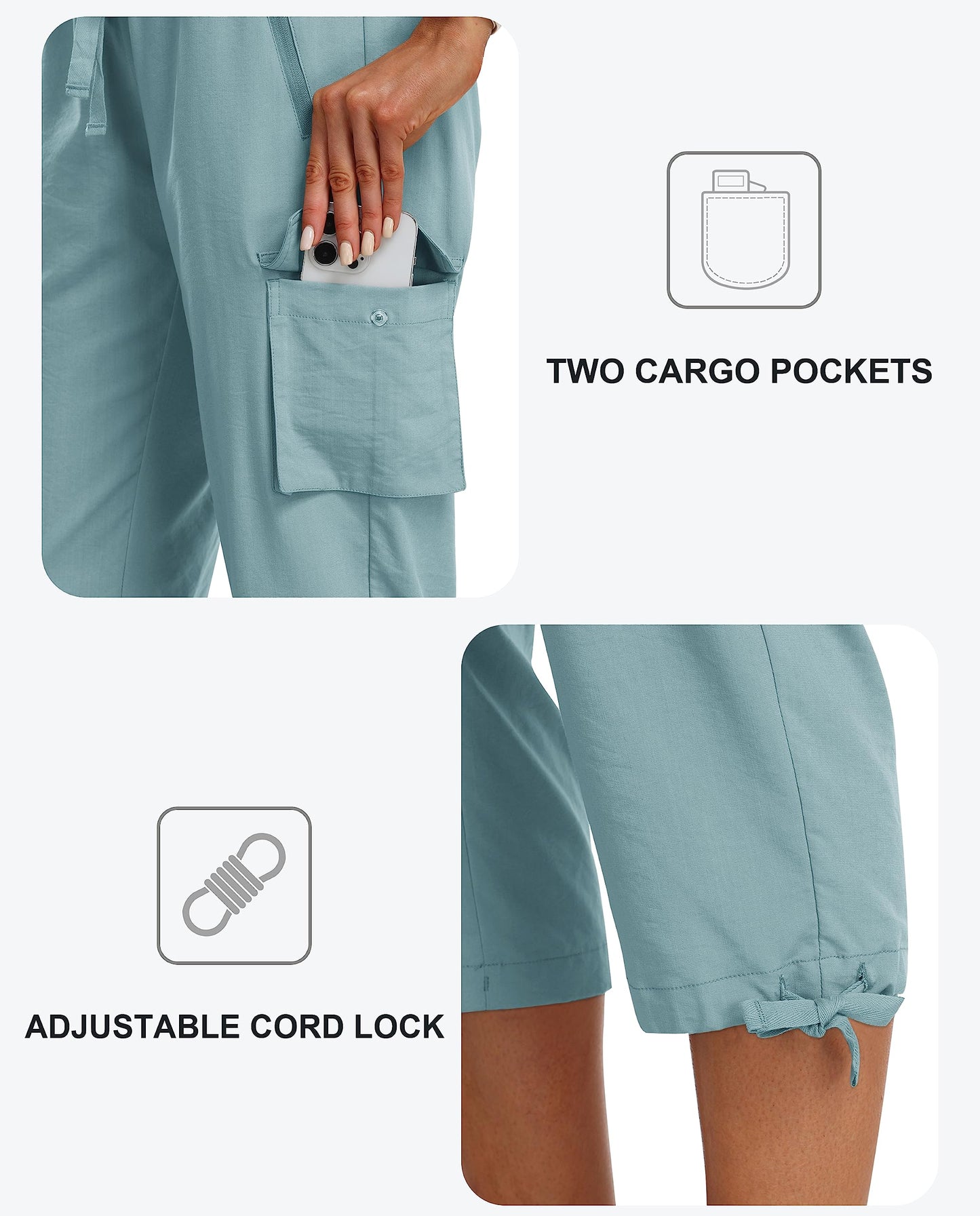 MoFiz Capris for Women Cargo Hiking Pants Lightweight Quick Dry Running Athletic Workout Casual Outdoor Pants with Pockets Grey Blue XL