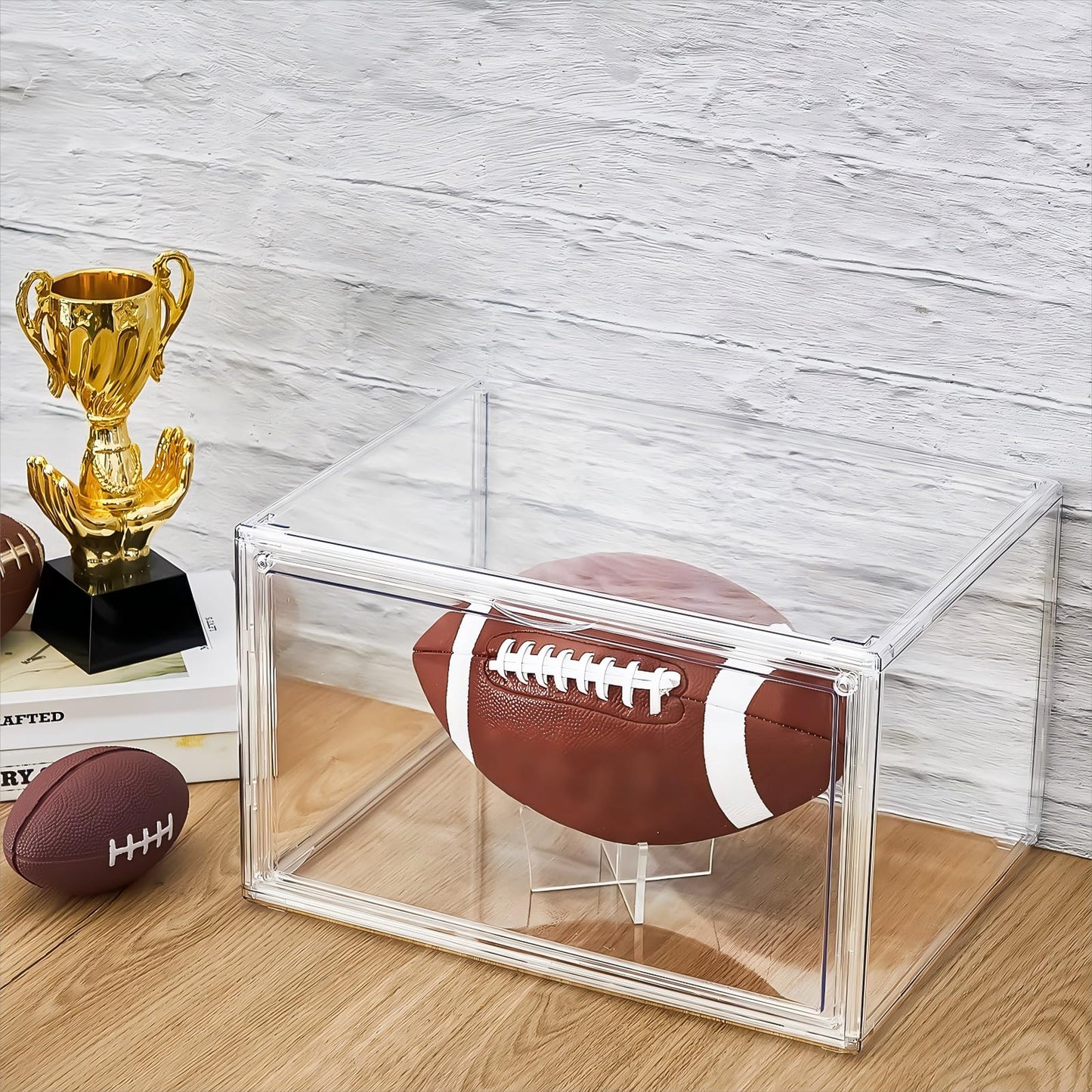 Thyle 4 Pack Football Display Case Full Size Clear Acrylic Stackable Box with Magnetic Door and UV Protection for Autographed Football Memorabilia Display
