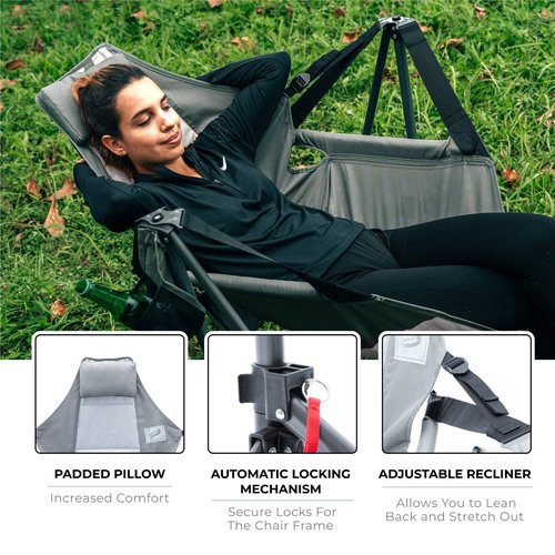 Camphor Designs Portable Swing Hammock Chair | Foldable Recliner Rocking Lounger with Headrest & Drink Holder | Outdoor Sports, Beach, Lawn, Hunting, Tailgating, Fishing | Supports 300Lbs (Grey)