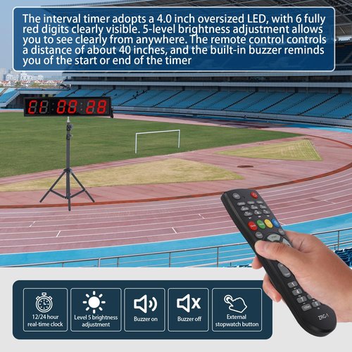 SMAHEAT Fitness Timer with Stopwatch Button, Suitable for School/exam/Home Exercise/Gym/Gym SMAHEAT Electronic Fitness Timer (4.0 inch six bit All red PC Transmission Model)