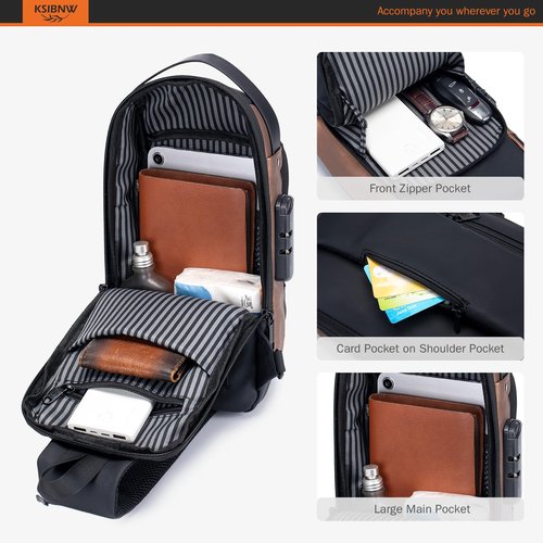 KSIBNW Sling Backpack Anti-theft Crossbody Chest Sling Bag with USB Charging Port Daypack PU Leather Shoulder Black Daypack Fanny Pack for Women Men