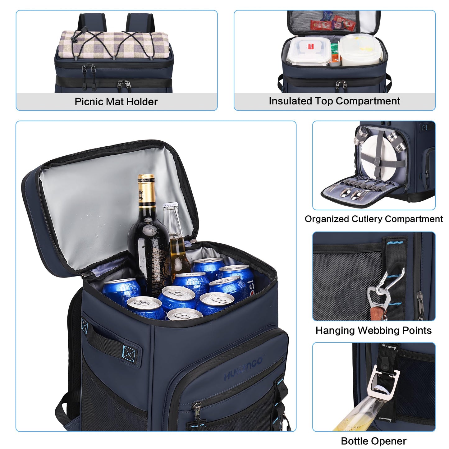 Hulongo 48Cans Large Cooler Backpack, Leakproof Insulated Backpack Cooler for Men & Women, Waterproof, 30L, Dark Blue
