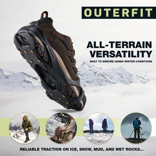 Outerfit Non-Slip Crampons with Tungsten Steel Spikes, Shoe Spikes for Snow and Ice, Cleats for Hiking, Fishing, Walking