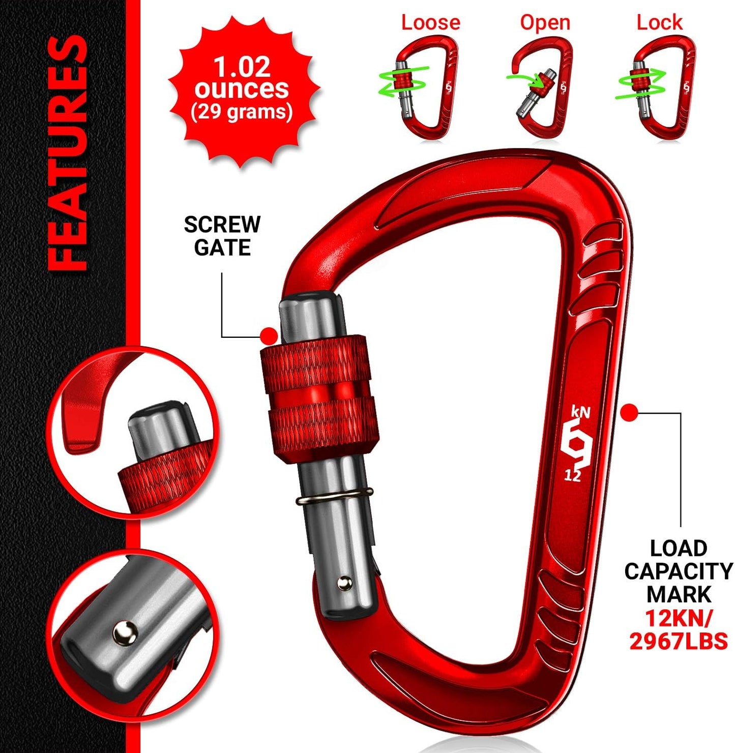 12kN (2697 lbs) Heavy Duty, Locking, Auto Locking, Wiregate Carabiner Clips, for Securing Pets, Outdoor, Camping, Hiking, Hammock, Dog Leash Harness, Keychains