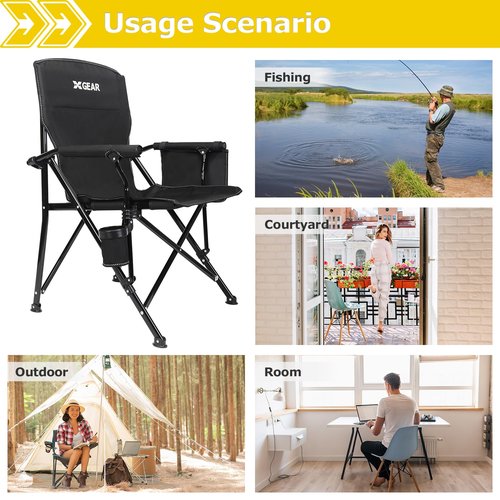 XGEAR 2-Pack Camping Chair with Padded Hard Armrest, Sturdy Folding Camp Chair with Cup Holder, Storage Pockets Carry Bag Included, Support to 400 lbs, Black