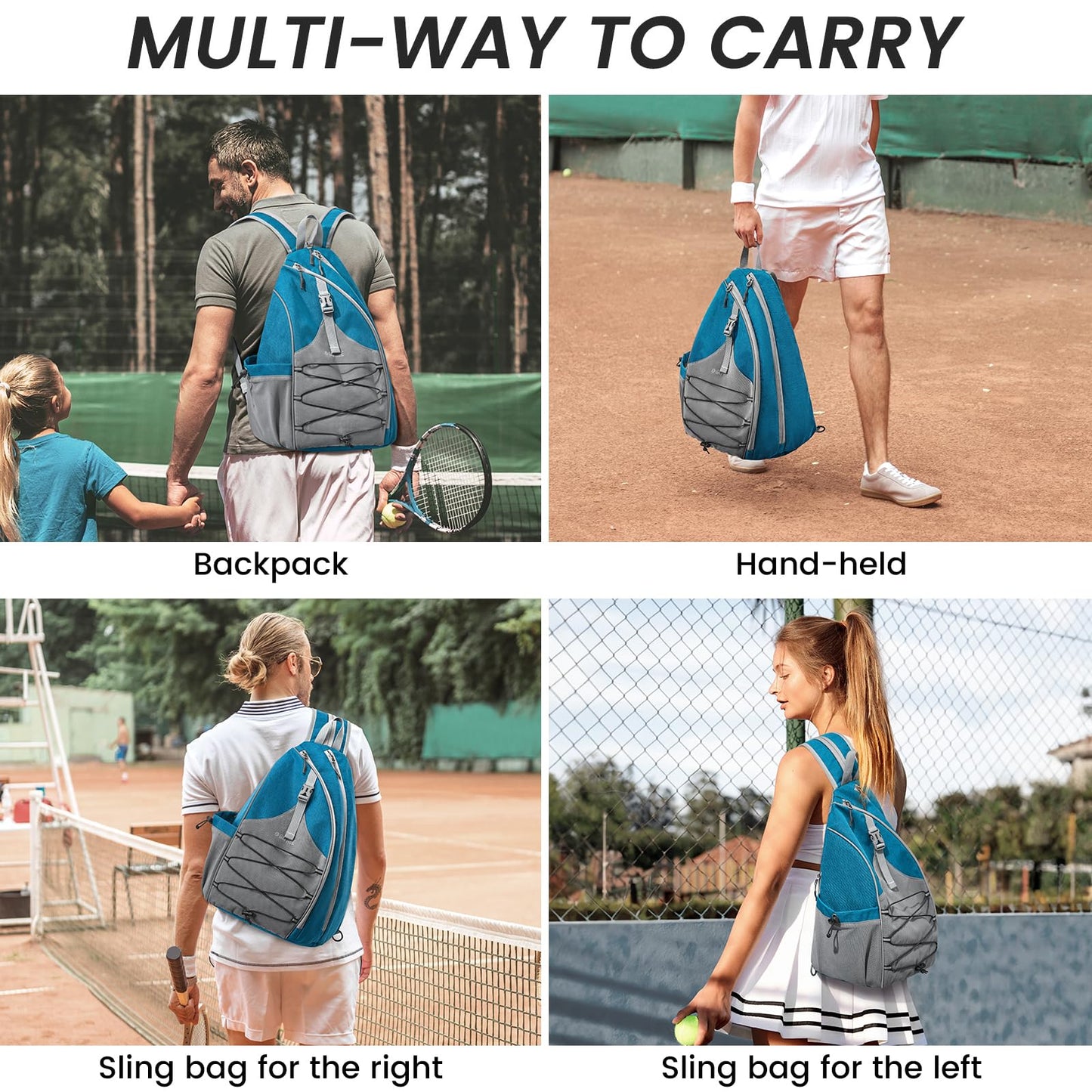 G4Free Pickleball Bag, Pickleball Backpack for Women & Men, Adjustable Sling Bag with Waterproof Pocket/Fence Hook, Teal Blue