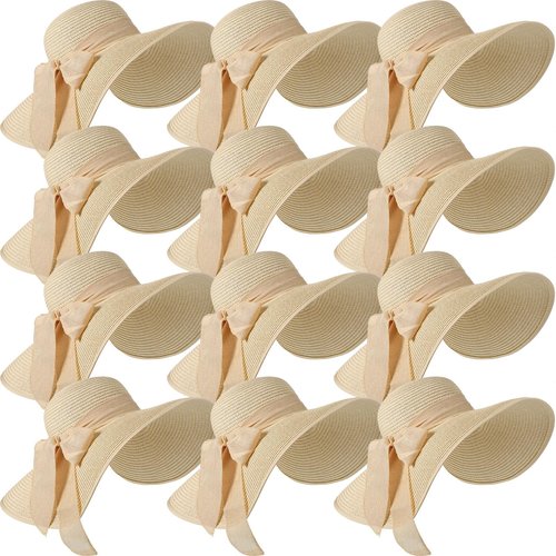 Tigeen 12 PCS Women's Wide Brim Straw Hats Floppy Sun Hat Foldable Multicolor Summer Beach Sun Cap UPF 50+(Beige)