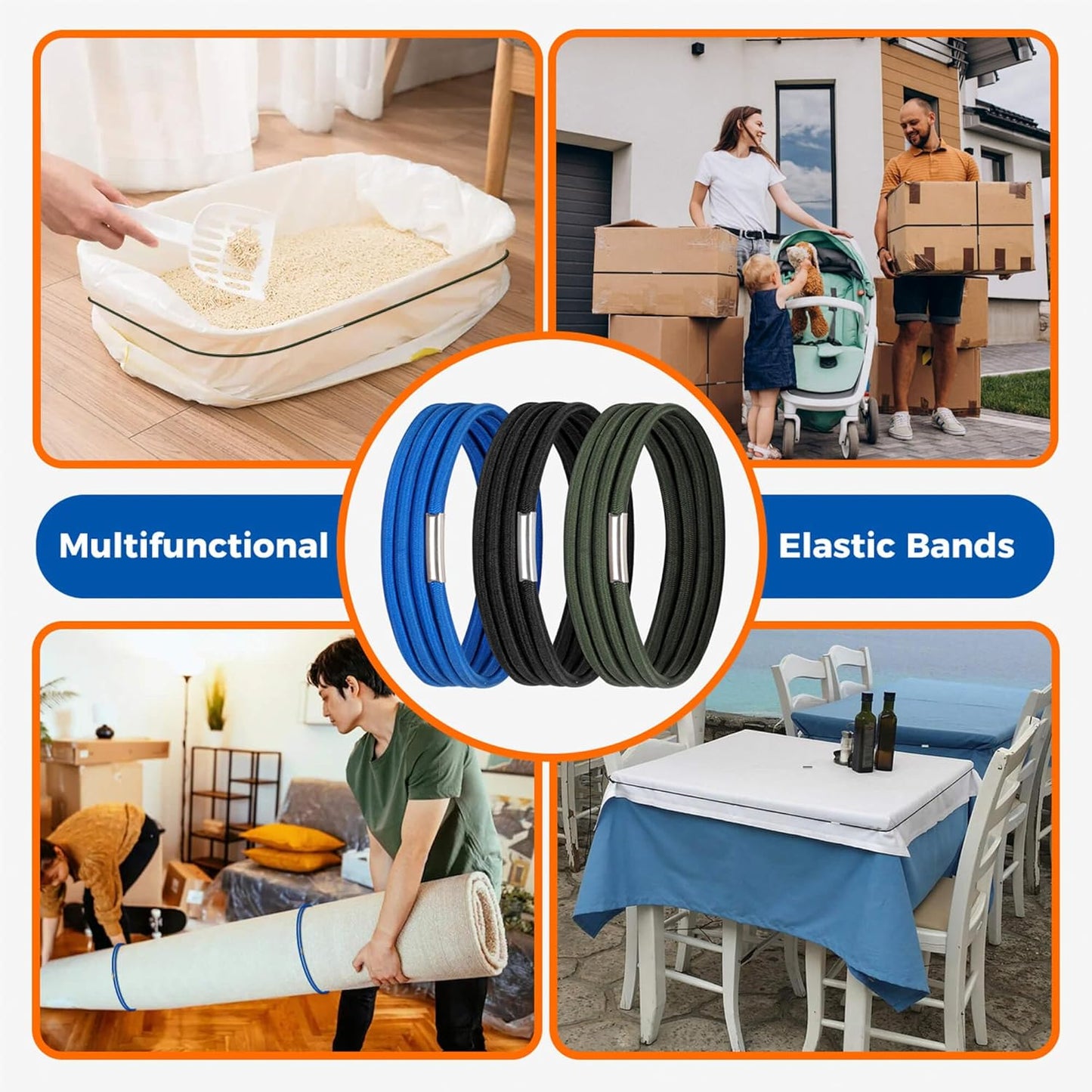 Trash Can Bands Set of 3, Fits 32 to 55 Gallon Cans, Large Elastic Rubber Bands for Kitchen/Office/Garage, Secure Garbage Bags(Black/Blue/Green)