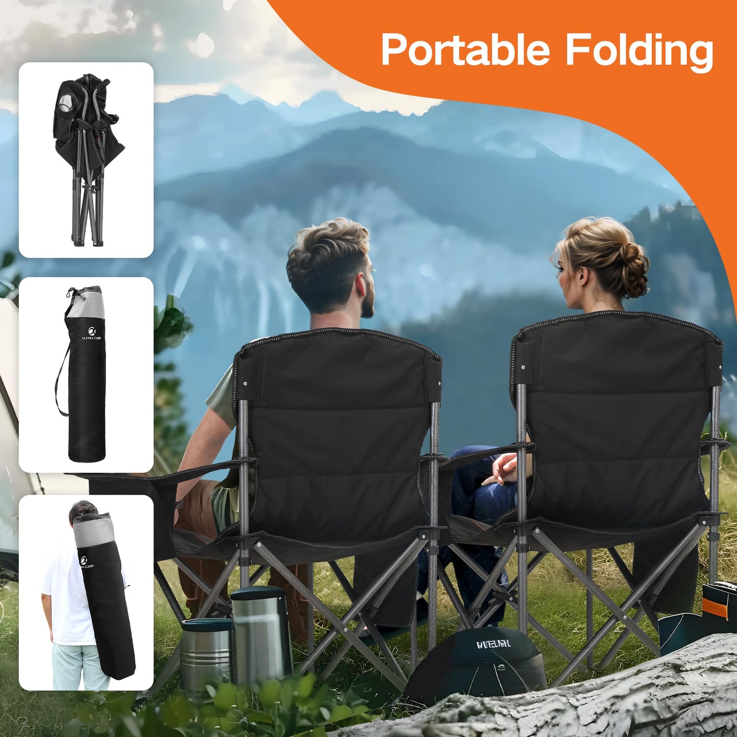 Oversized Folding Camping Chair for Adults, Heavy Duty Portable Lawn Chairs with Cooler Bag, Side Pocket & Cup Holder, Folding Chairs for Outside Support 450 LBS Outdoor Chair