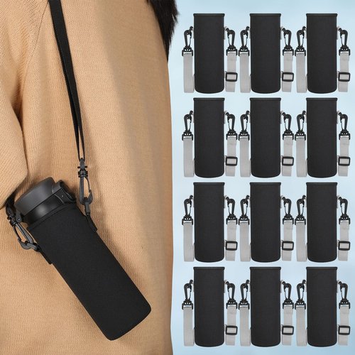 Sabary 12 Pcs Water Bottle Sleeve with Shoulder Strap 25oz Sublimation Water Bottle Holder Carrier Pouch Adjustable Sling Bag for Boys Girls(Black)
