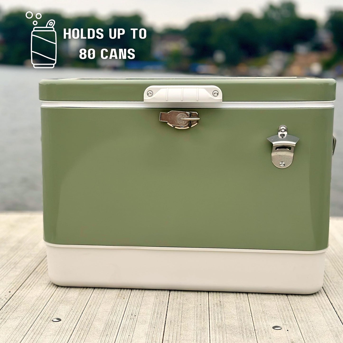 FSE Retro Metal Cooler, 80 Can/54 Qt. Capacity, Hard-Sided, Two Tone, Holds Up to 80 Beverage Cans, Metal Construction with Plastic Lining, Green/Cream