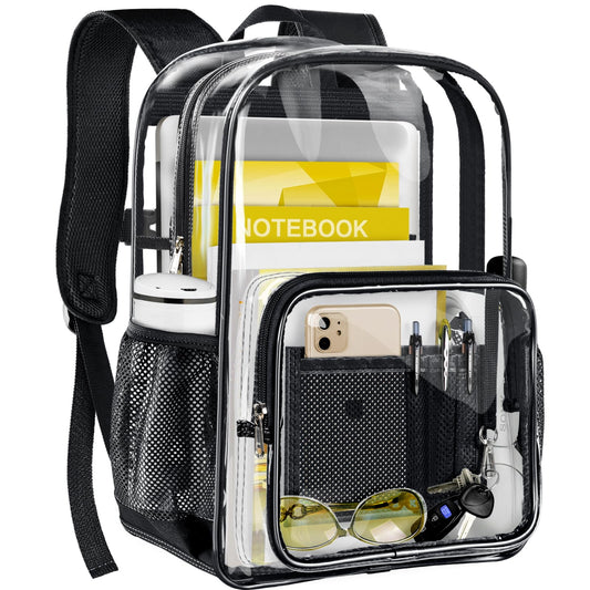 GEAMSAM Clear Backpack Transparent Heavy Duty Bookbag See Through Bag with Reinforced Bottom for College, Travel, Workplace Security - Black