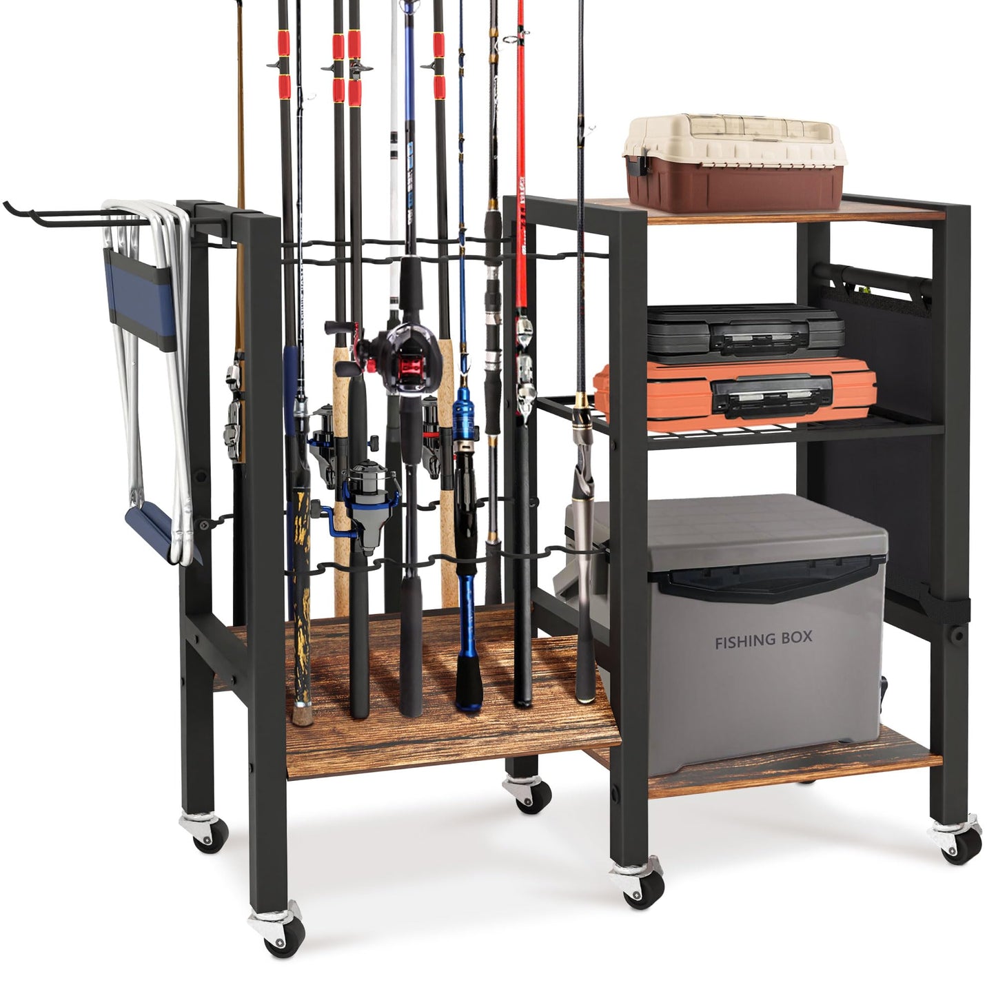 3-Tier Fishing Rod Holder, Garage Fishing Rod Rack, Fishing Rod Organizer for 12 Rods, Space Saving Fishing Pole Storage System for Garage Boat RV Basement, with Wheels Hooks and Storage Bag