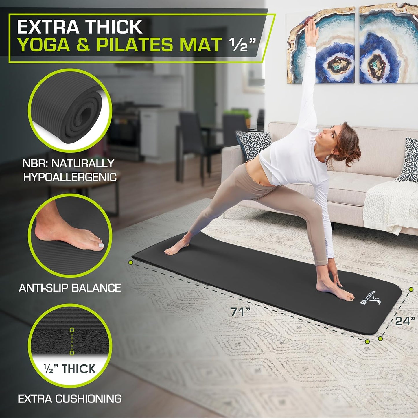 Extra Thick ½” Yoga & Pilates Mat - 71” High Density Foam with Carry Strap