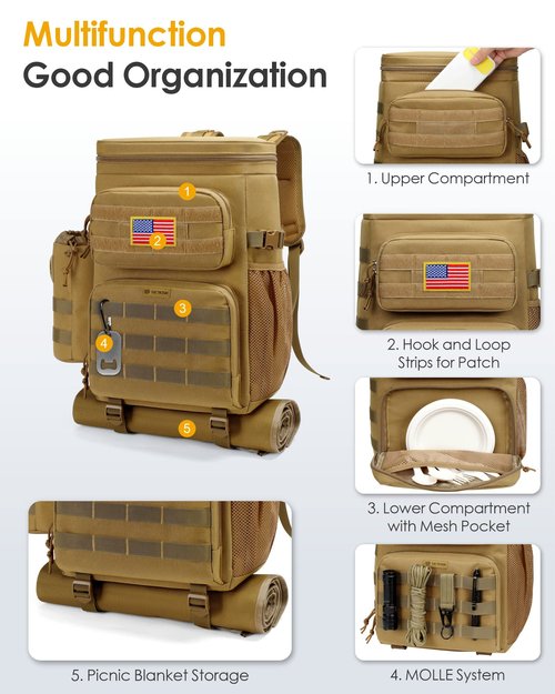 TACTICISM Tactical Cooler Backpack 25L - Insulated Lunch Backpack with Molle Water Bottle Holder for Men Women Adult - TBF002(Brown)