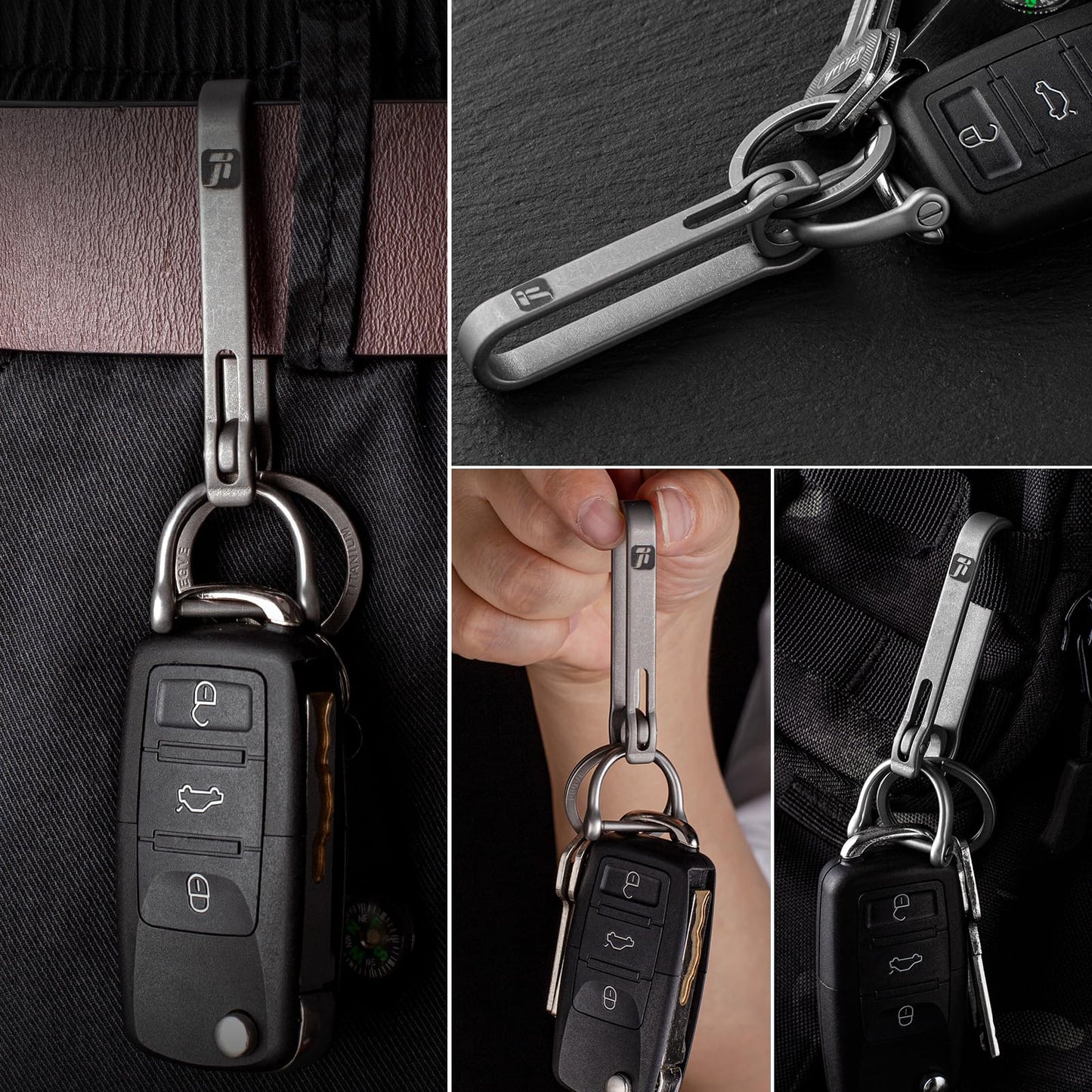 TISET Belt Key Holder,Titanium Belt Loop Keychain Clip,EDC Quick Release Belt Key Chain,Belt Key Clip with D ring,Car Fob Keychain for Men (grey-belt clip+Ti key ring+ sus d ring)