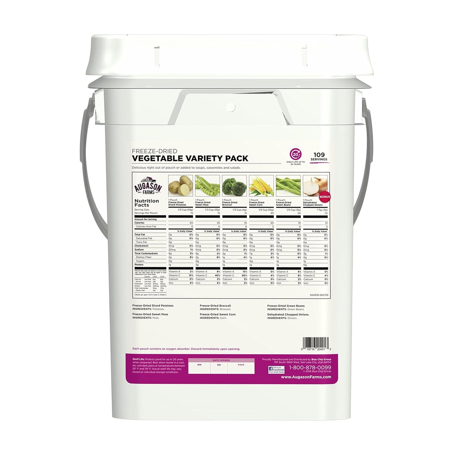 Augason Farms Freeze Dried Vegetable Variety Pail, Emergency Food Supply, Everyday Meals, 109 Servings