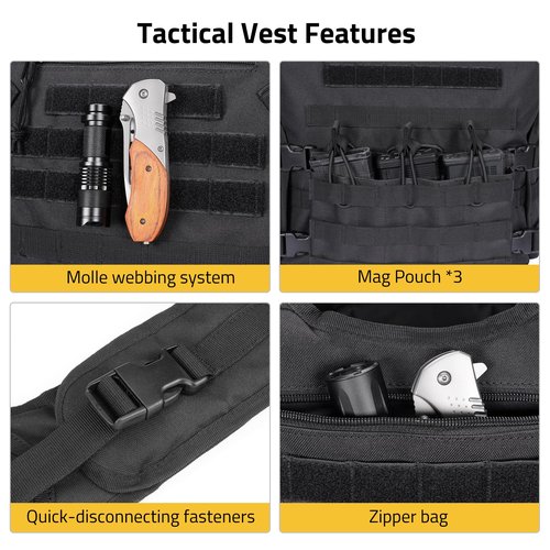 CVLIFE Tactical Vest with Zipper Bag Molle Webbing System Outdoor Vest Adjustable Belt Breathable Weight Vest for Training Activity Black