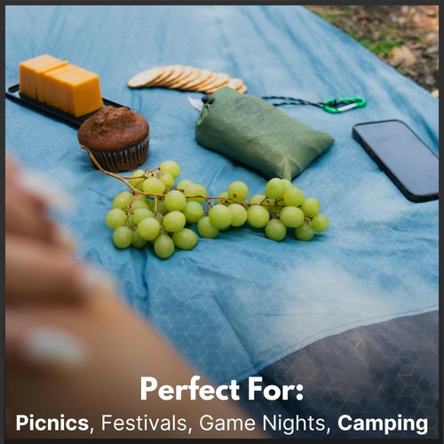 ECCOSOPHY Sand Proof Beach Blanket - Waterproof Picnic Blanket 60x55-Outdoor Compact Pocket Blanket-Lightweight Ground Cover for Hiking, Camping, Festivals, Sports, Travel-with Bag & Stakes (Denim)