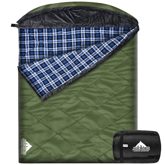 AGEMORE Cotton Flannel Double Sleeping Bag with Fleece Lined Hood, Waterproof Queen Size 2 Person Sleeping Bag for Adults Cold Weather Camping Backpacking or Hiking, 3-4season