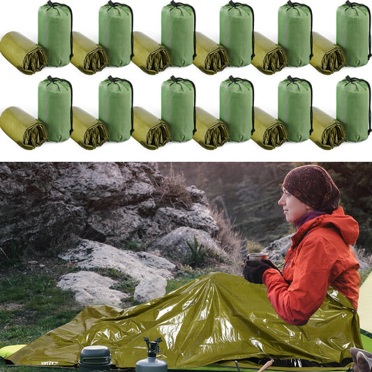 Mixweer 12 Pcs Emergency Sleeping Bag Portable Survival Sleeping Bag Thermal Bivy Sack Lightweight Emergency Shelter for Homeless People Waterproof Bivy Bag for Camping Hiking Adventure Outdoor, Green