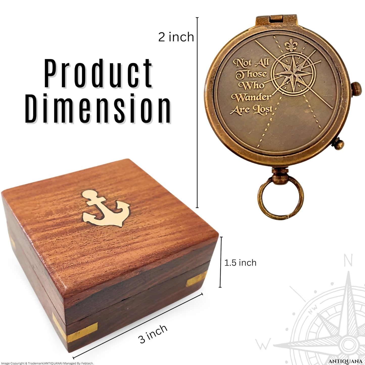 ANTIQUANA Authentic Antique Compass Presented in Artisan Wooden Box - A Treasure for Adventurers Navigate with Heritage and Class, 2 inch