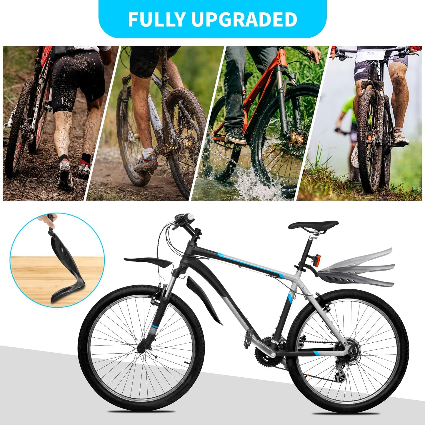 Amengsen Bike Fender Set with 26ft DIY Reflective Tape, Adjustable Bicycle Fenders for 24"/26"/27.5", 4 Parts-Universal Full Cover Thicken Widen, Front/Rear Mud Guards Fit for MTB Mountain Road Bike