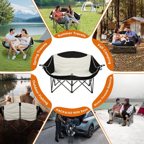 koldan Double Camping Chair, 550lbs Capacity 2-Person Camping Chair with Cup Holder Wine, Foldable Oversized Camping Loveseat for Couples, Family, Beach, Backyard for Outside Picnic