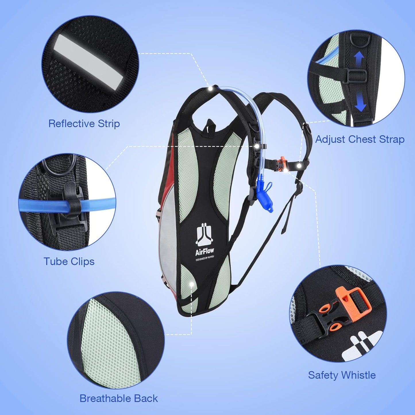 KUYOU Running Hydration Vest - Lightweight Insulated Hydration Backpack with 2L Water Bladder, Adjustable Chest Straps and Reflective Water Backpack for Trail Running Marathon Race Hiking Cycling